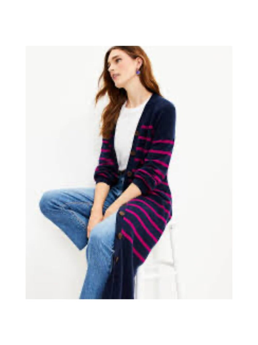 LOFT Long Sweater Cardigan Midi Dress Striped Navy Blue Button Front Size M